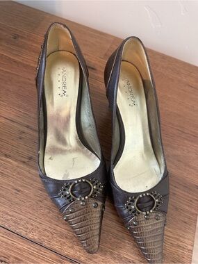 ANDREA FENZI Dark Brown Textured Pointed Toe Pumps with Buckle Accent